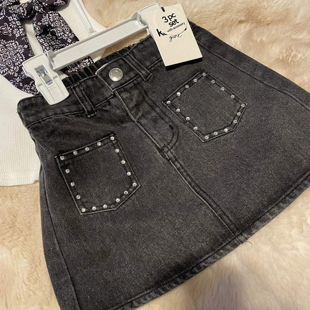 kensie girl 3 piece set w/ ribbed top, denim skirt & matching scrunchie
